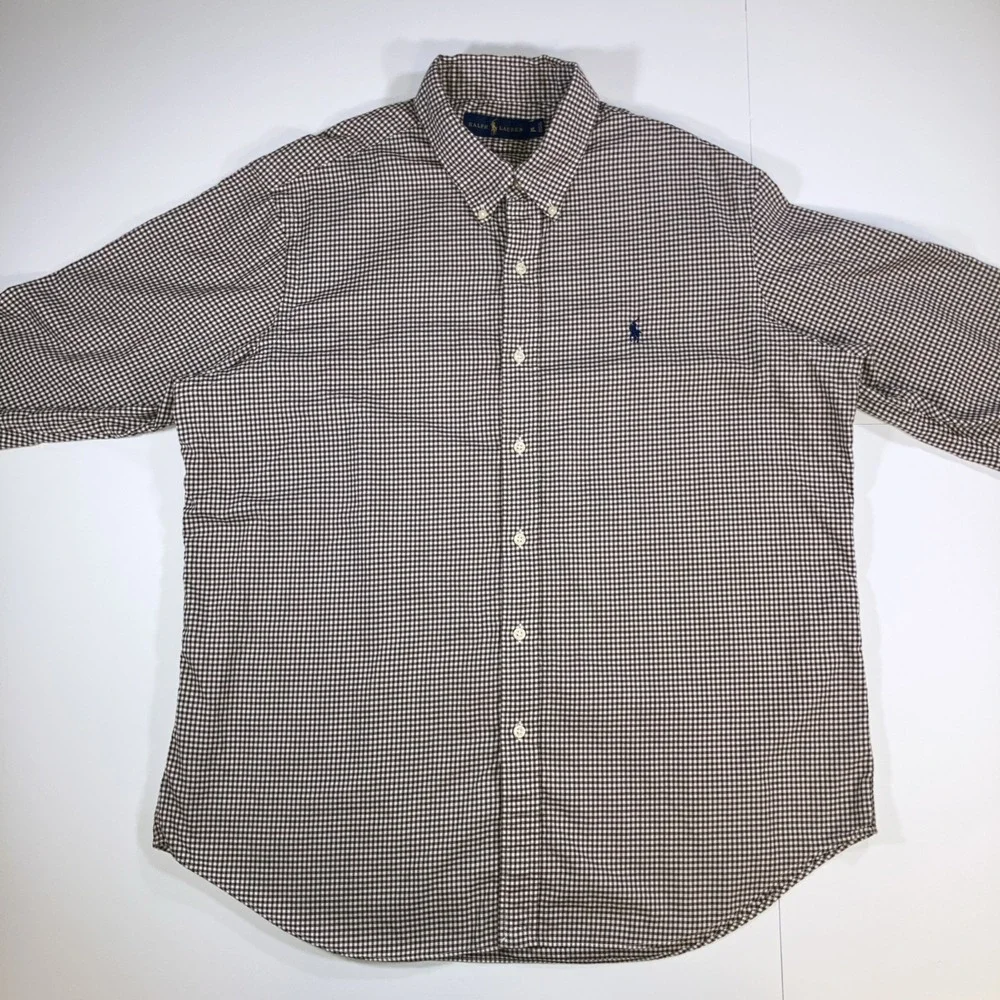 Polo‎ Ralph Lauren Shirt Mens XL Brown Gingham Check Button Down Cotton
